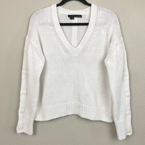 360 Sweater Women's Small White V-Neck Cotton Knit Sweater Button Sleeve Jumper